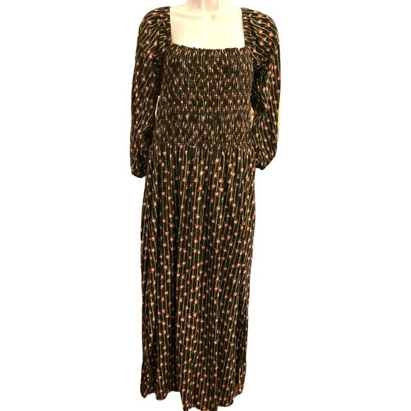 WAYF Women's Black Floral Nevaeh Smocked Lined Midi Dress Size Large Dry Clean - Picture 1 of 6